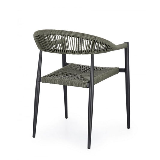 set di 4 sedie jandia in alluminio antracite e fibre intrecciate verdi, impilabili, dettaglio della finitura in metallo,...