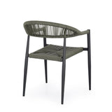 set di 4 sedie jandia in alluminio antracite e fibre intrecciate verdi, impilabili, dettaglio della finitura in metallo,...