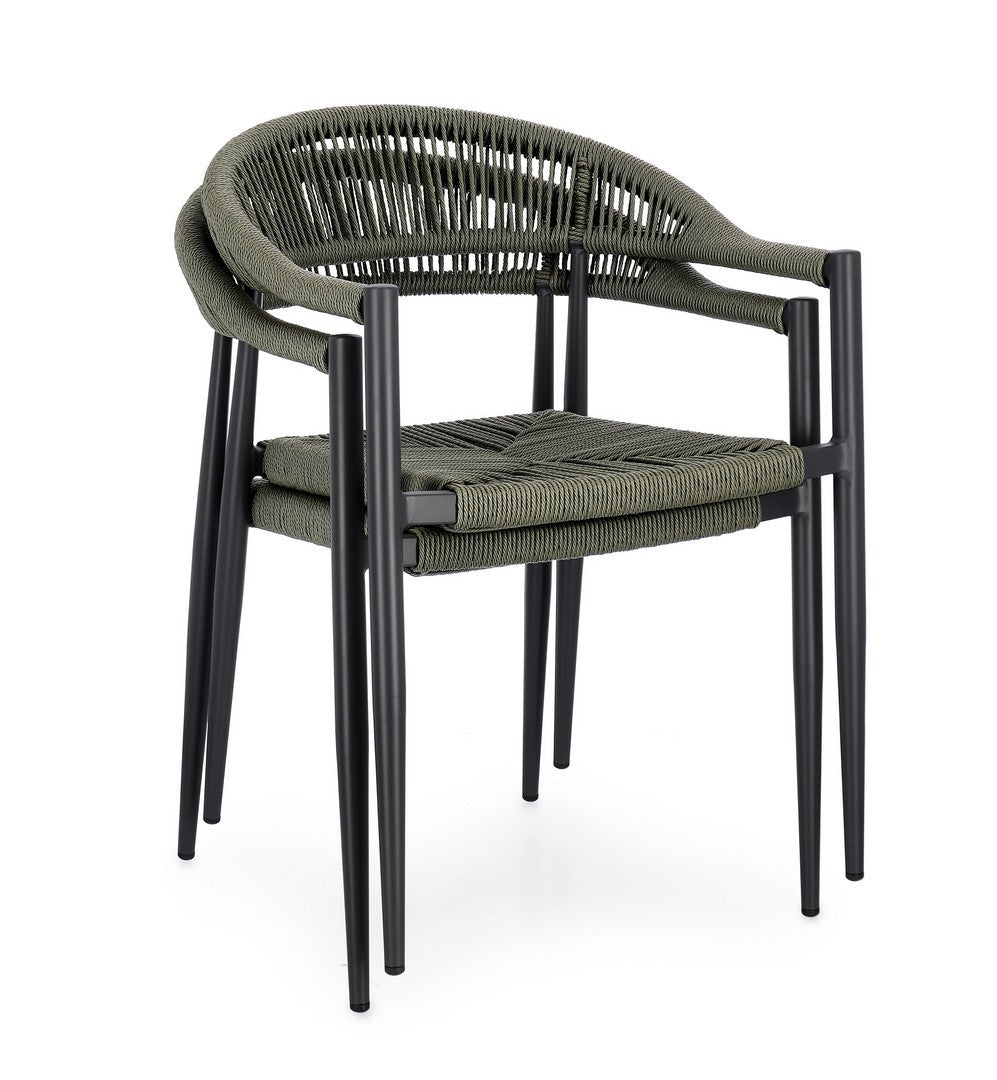 set di 4 sedie jandia in alluminio antracite e fibre intrecciate verdi, impilabili, modello outdoor dal design moderno e...