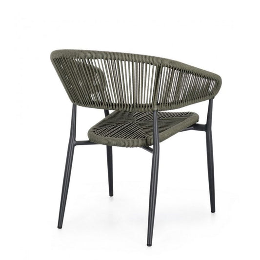 set di 4 sedie algaida in alluminio antracite e fibre intrecciate verdi, impilabili, dettaglio della finitura in metallo,...