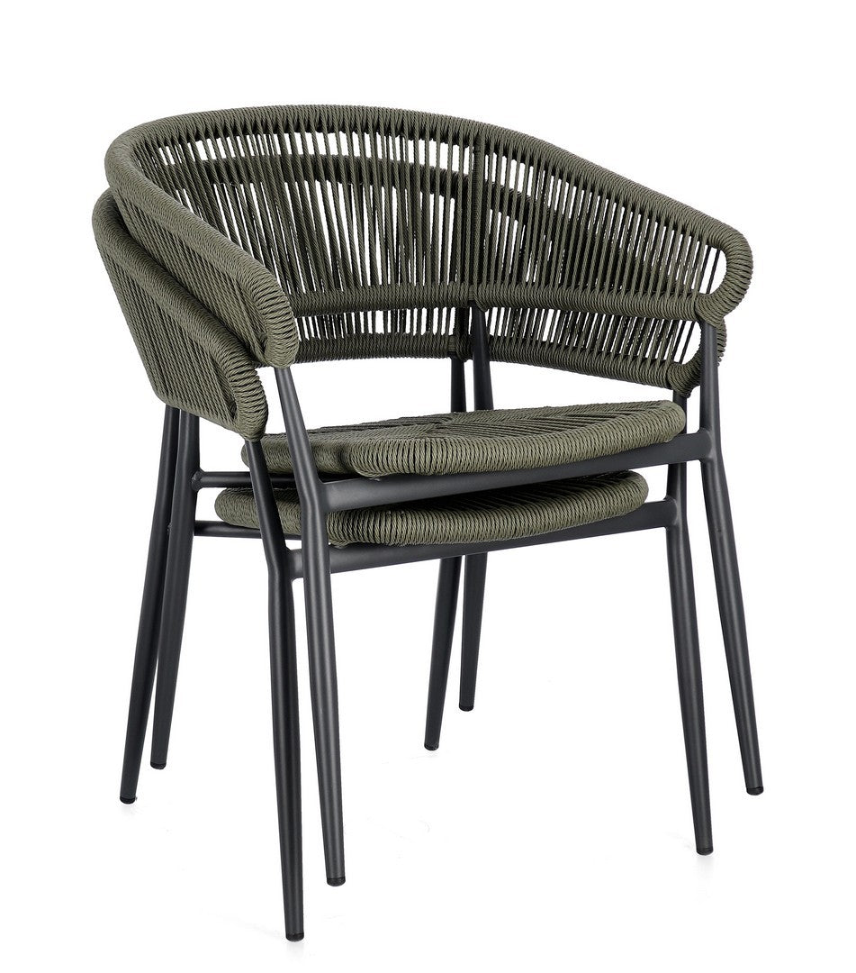 set di 4 sedie algaida in alluminio antracite e fibre intrecciate verdi, impilabili, modello outdoor dal design moderno e...