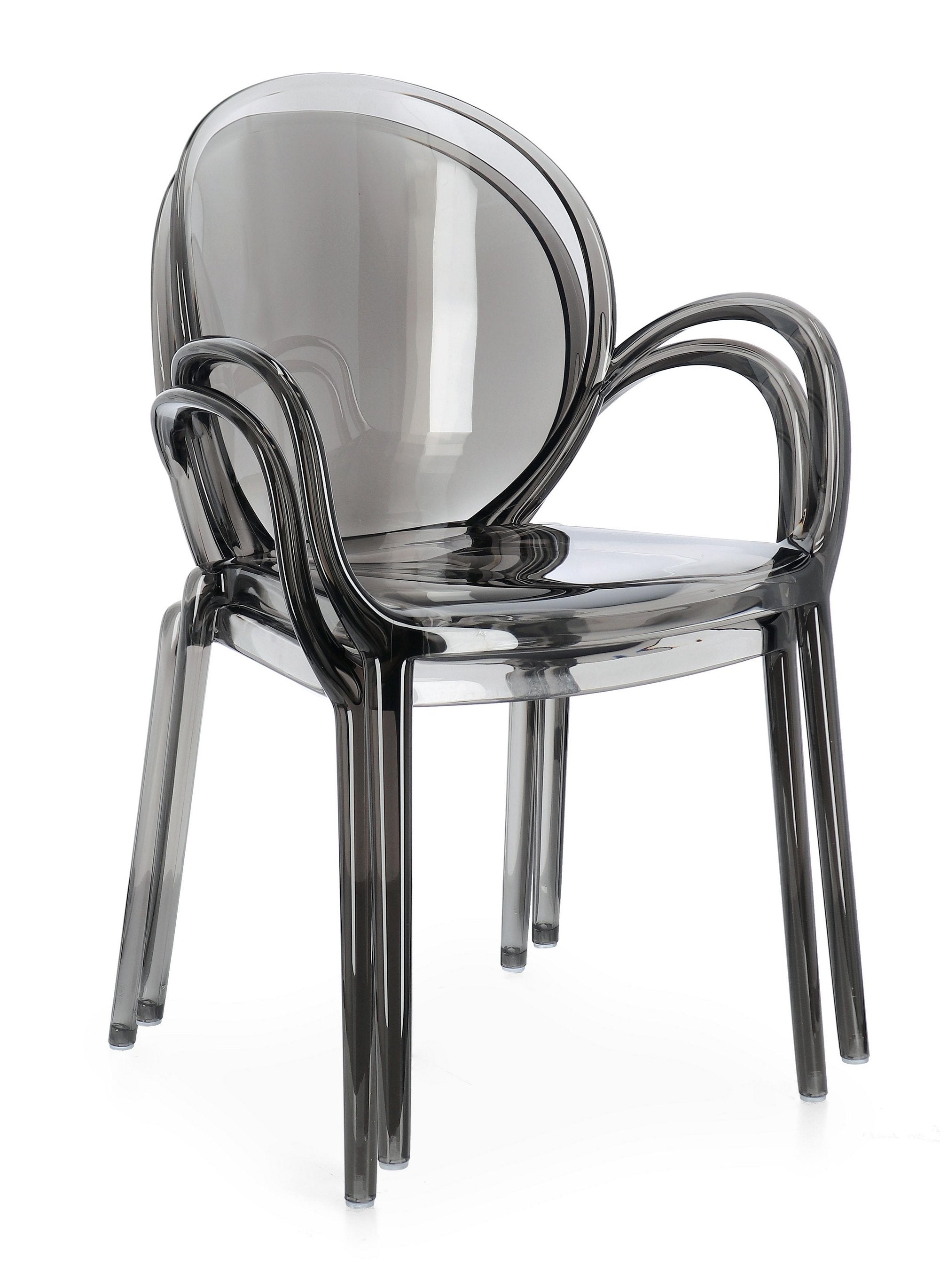 set di 4 sedie camilla in policarbonato trasparente fumé, impilabili, ideale per creare una seduta accogliente e raffinata