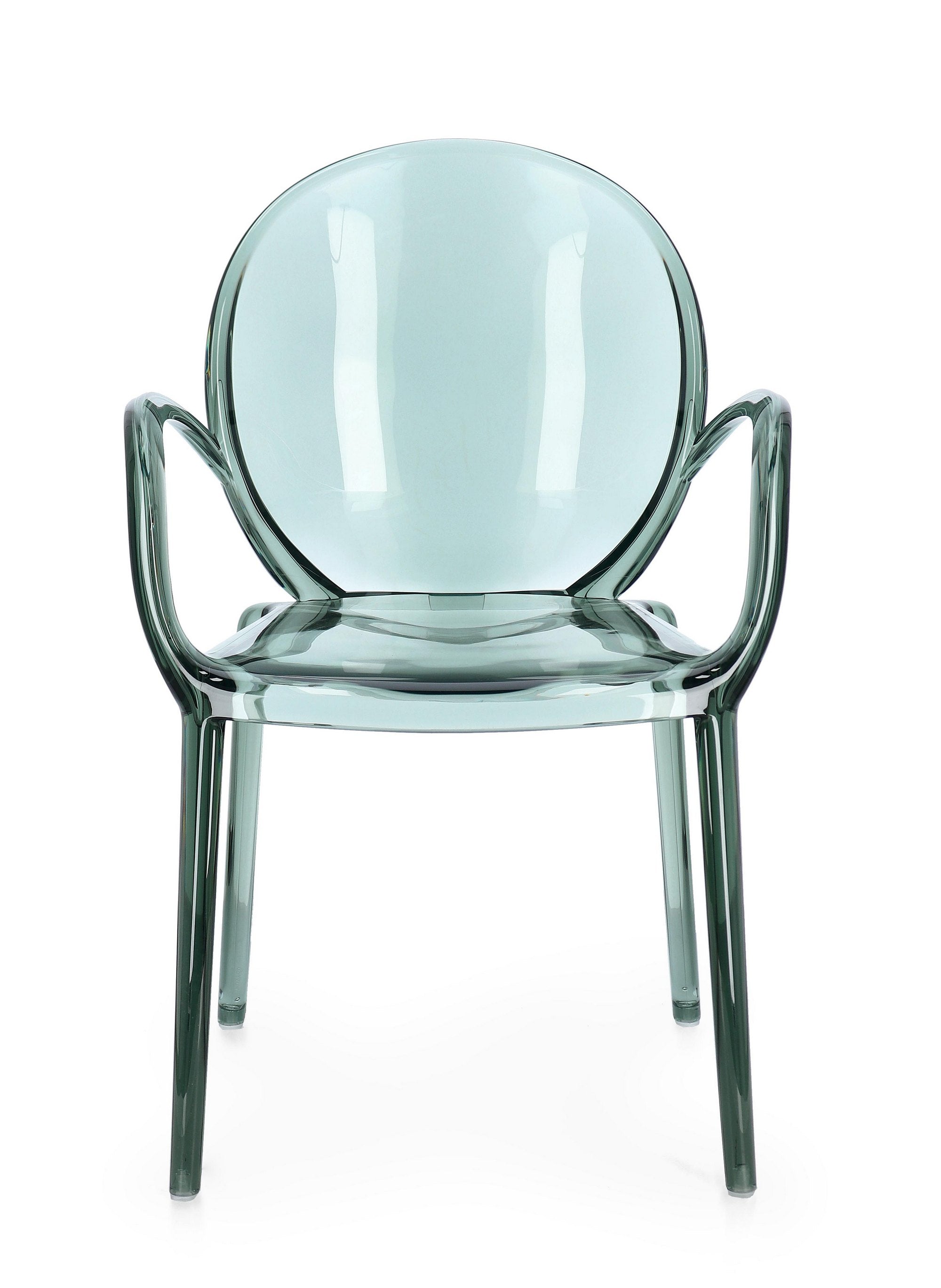 set di 4 sedie camilla in policarbonato trasparente verde menta, impilabili, dettaglio dei braccioli imbottiti o in legno