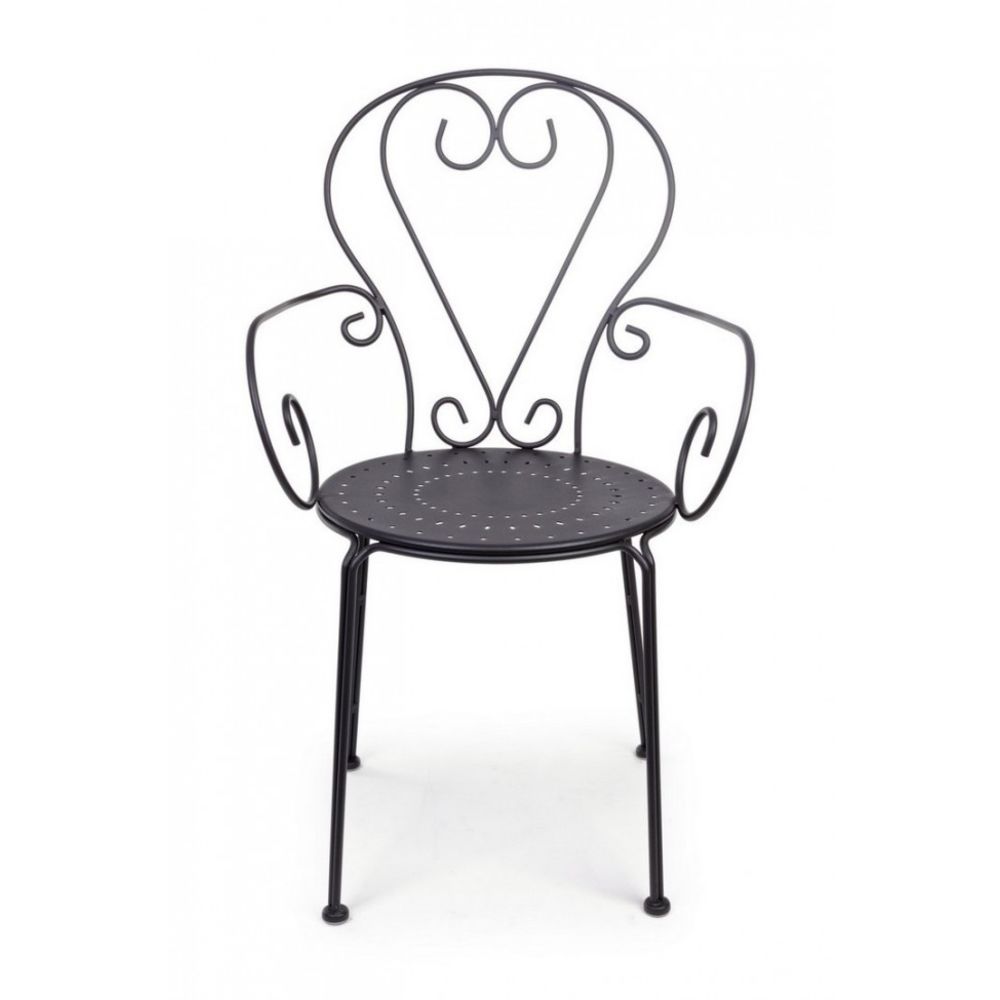 set di 4 sedie etienne in acciaio antracite impilabili, con braccioli, ambientazione su terrazza, veranda o prato