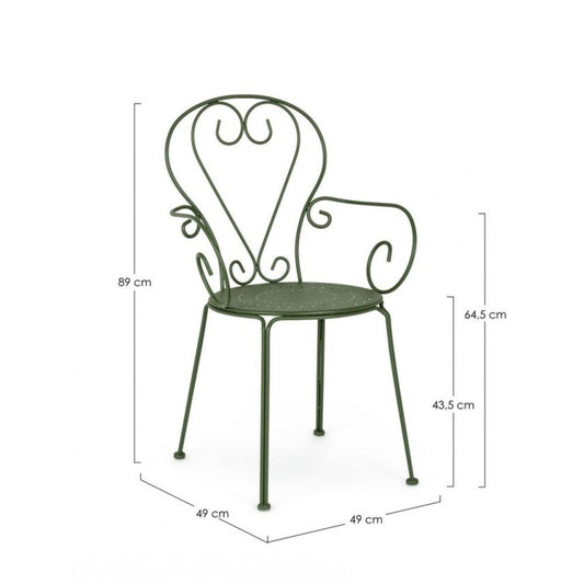 set di 4 sedie etienne in acciaio verde impilabili, con braccioli, dettaglio della finitura in metallo, plastica o legno...