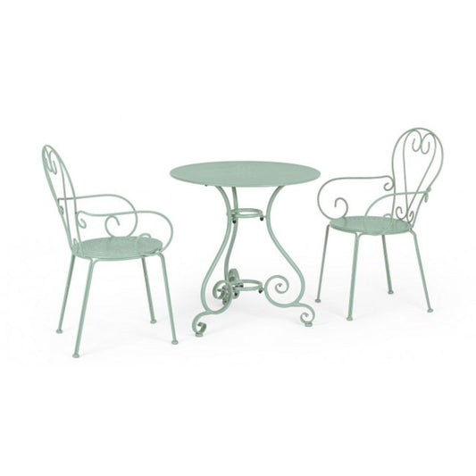 set di 4 sedie etienne in acciaio verde chiaro impilabili, con braccioli, dettaglio della finitura in metallo, plastica o...