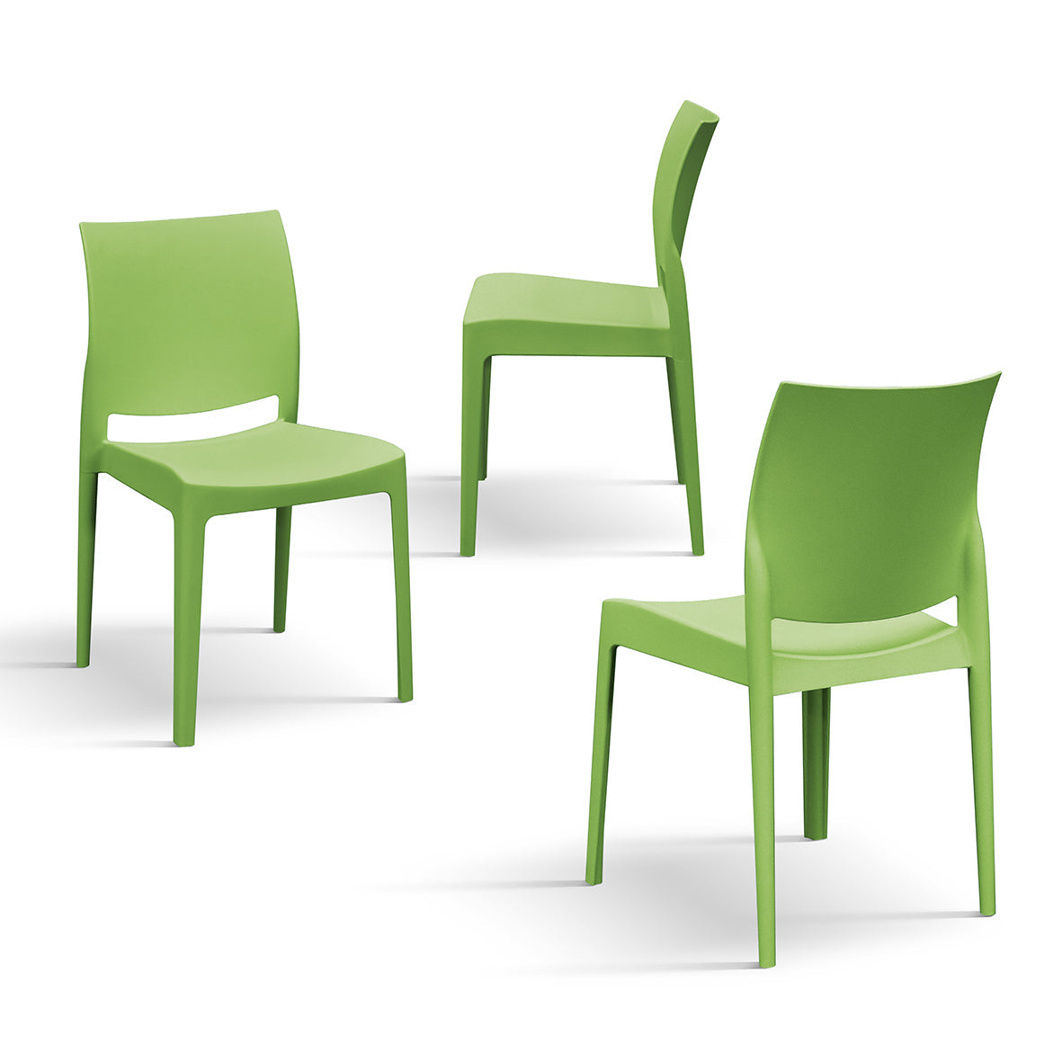 set di 4 sedie hobie beach in polipropilene verde, impilabili, dettaglio della finitura in metallo, plastica o legno trattato