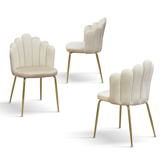 set di 4 sedie lille in tessuto effetto velluto panna e gambe in metallo color oro, dettaglio della struttura in legno,...