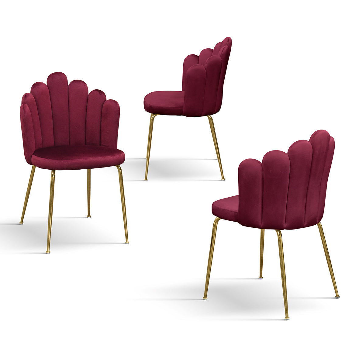 set di 4 sedie lille in tessuto effetto velluto bordeaux e gambe in metallo color oro, dettaglio della struttura in legno,...