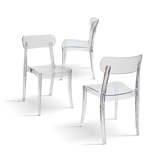 set di 4 sedie ghent in polipropilene trasparenti, impilabili, dettaglio della finitura in metallo, plastica o legno trattato