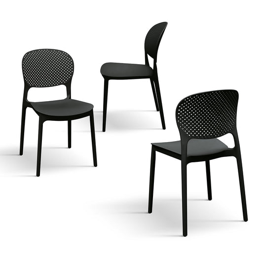 set di 4 sedie alicante in polipropilene nero, dettaglio della finitura in metallo, plastica o legno trattato