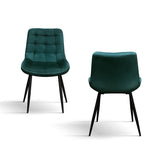 set di 4 sedie barcellona rivestite in velluto verde scuro e gambe in metallo nero, dettaglio della struttura in legno,...