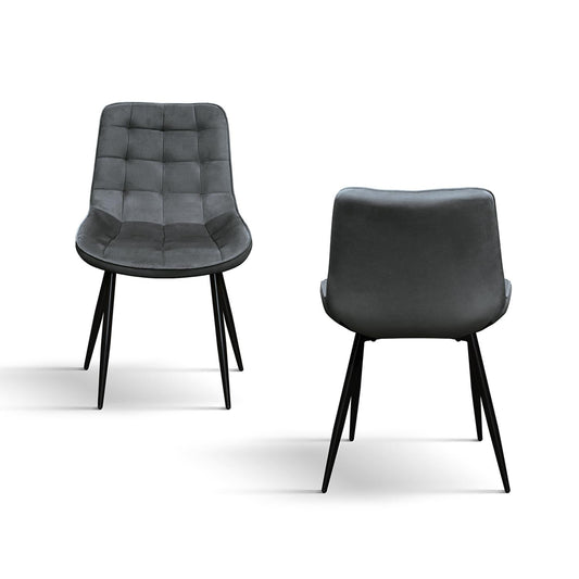 set di 4 sedie barcellona rivestite in velluto grigio e gambe in metallo nero, dettaglio della struttura in legno, metallo o...