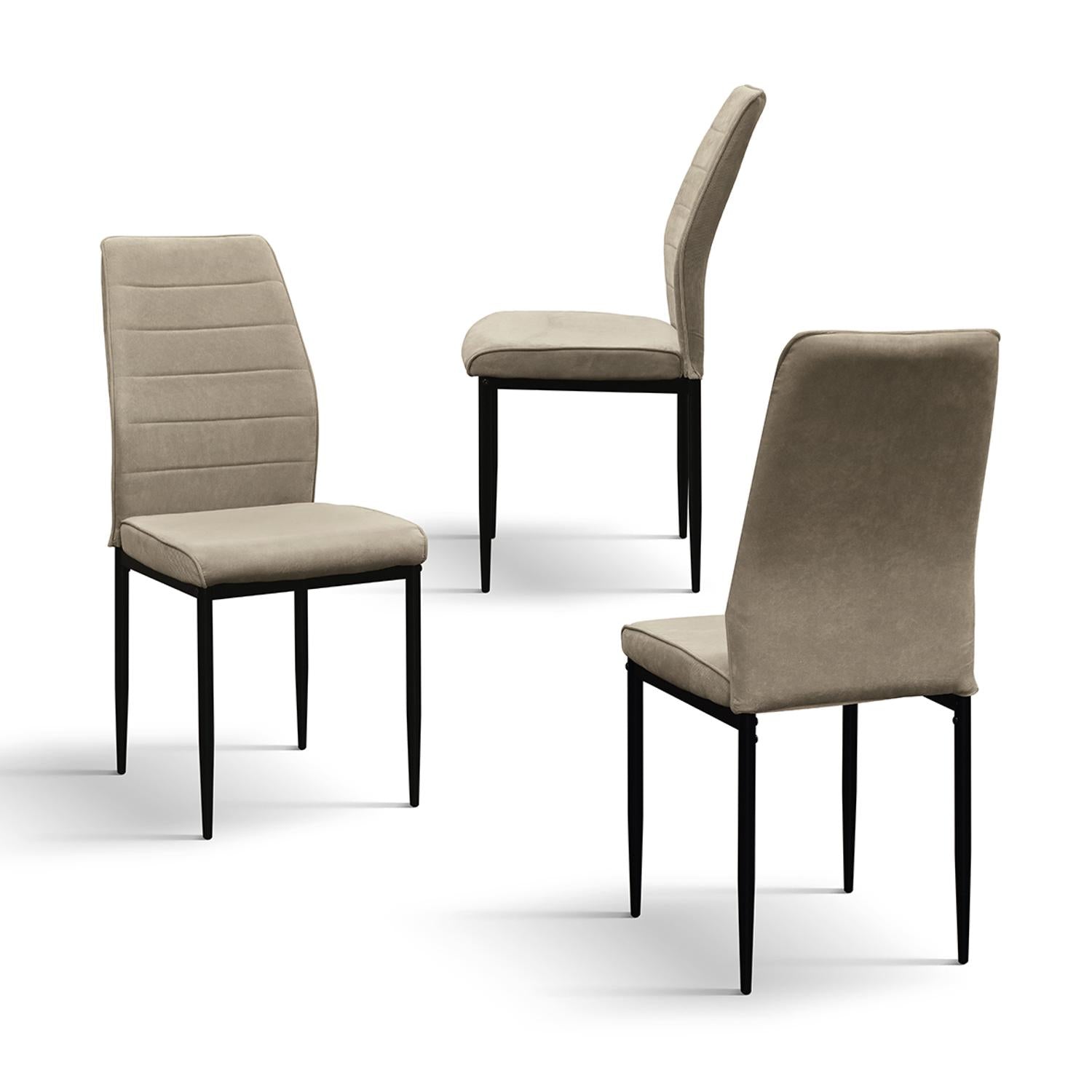 set di 4 sedie lubiana in tessuto beige e gambe in metallo nero opaco, vista ambientata attorno a un tavolo da pranzo