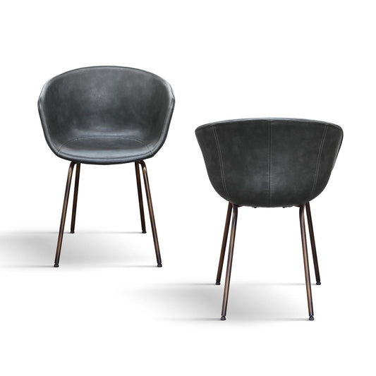 set di 4 sedie copenaghen rivestite in pelle antracite e gambe in metallo nero, dettaglio della struttura in legno, metallo...