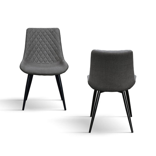 set di 4 sedie vienna in tessuto grigio e gambe in metallo nero, dettaglio della struttura in legno, metallo o plastica