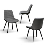 set di 4 sedie vienna in tessuto grigio e gambe in metallo nero, vista ambientata attorno a un tavolo da pranzo