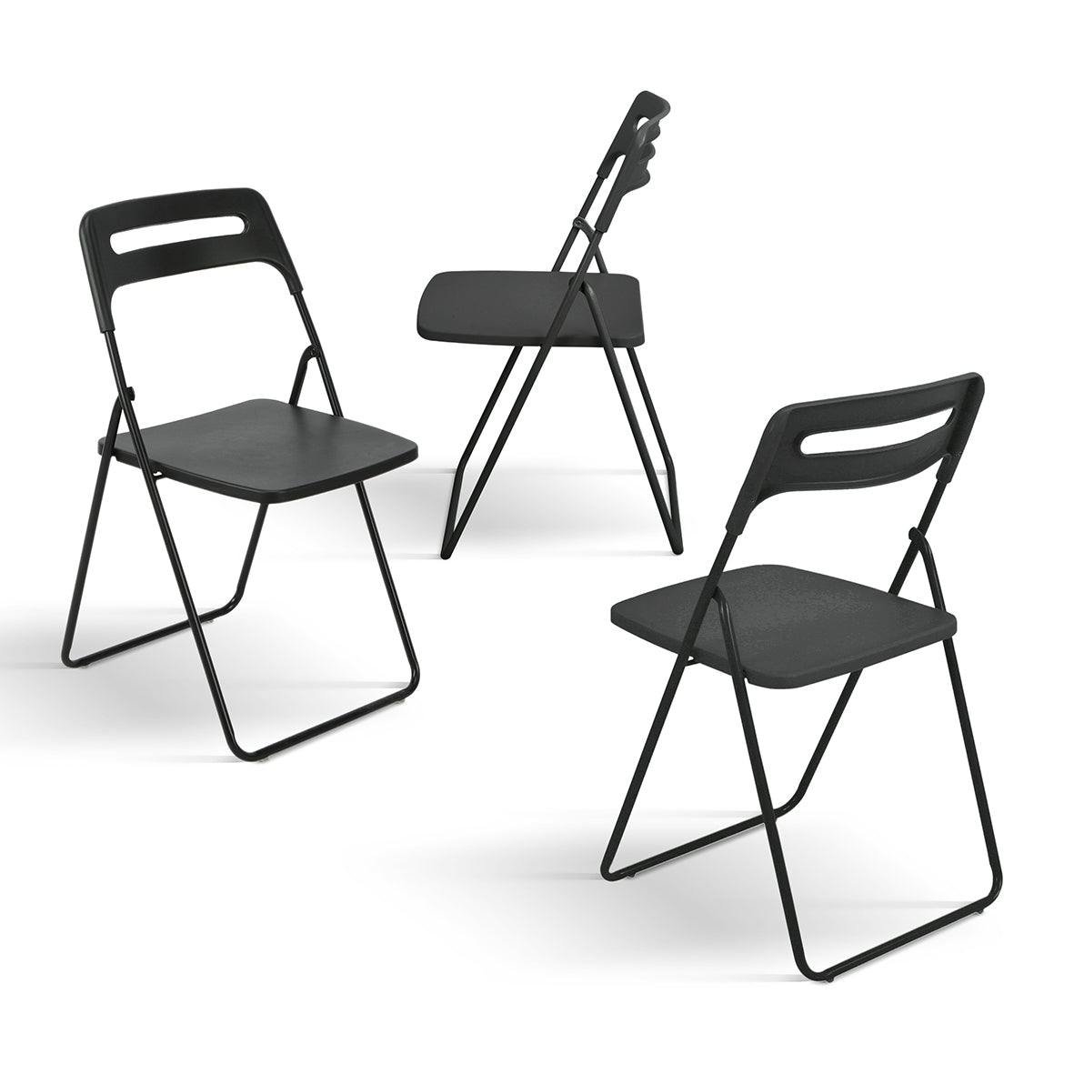 set di 6 sedie pieghevoli almeria in metallo nero e polipropilene nero, dettaglio della finitura in metallo, plastica o...