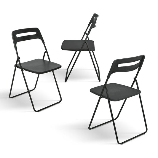 set di 6 sedie pieghevoli almeria in metallo nero e polipropilene nero, dettaglio della finitura in metallo, plastica o...