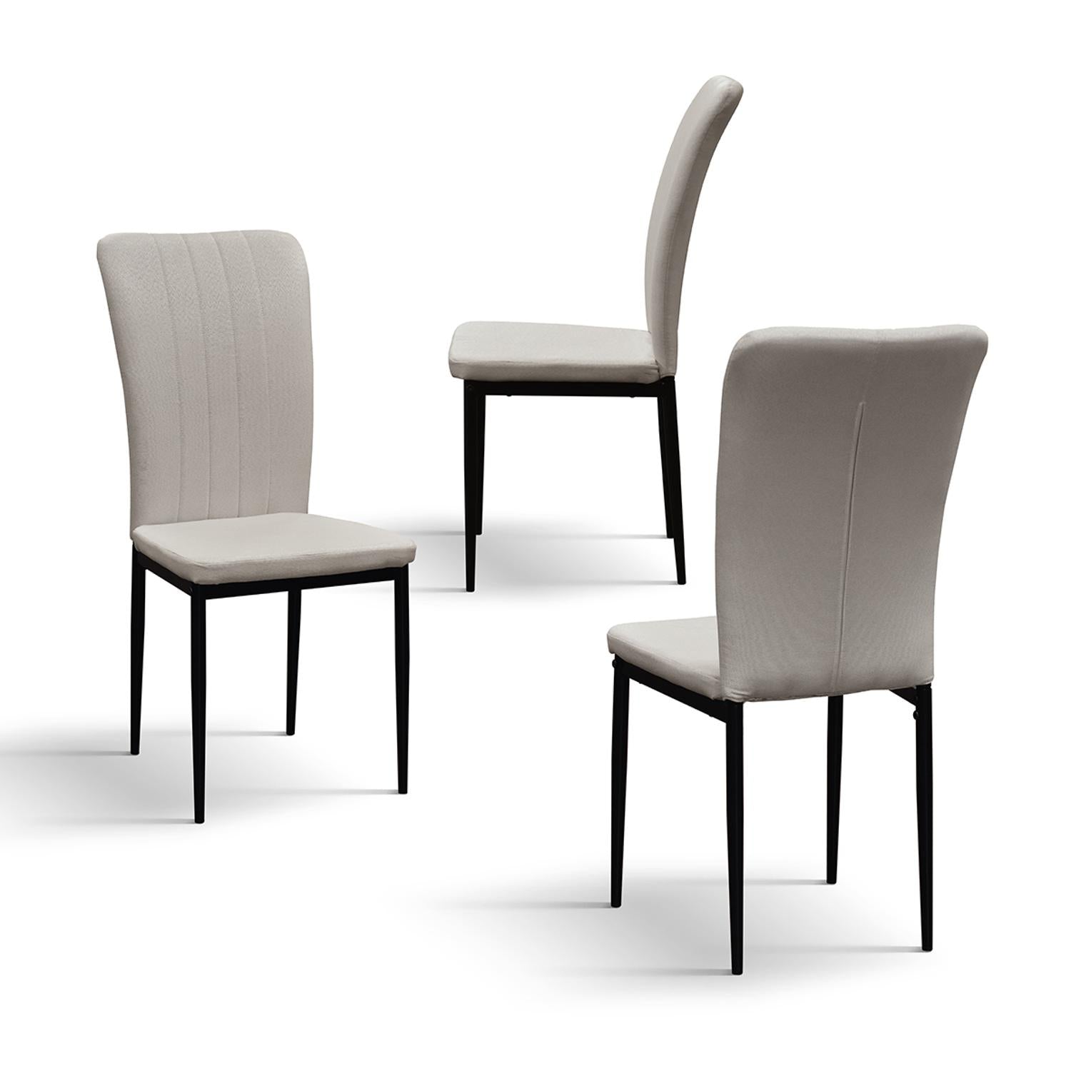 set di 6 sedie amsterdam in tessuto beige e gambe in metallo nero, vista ambientata attorno a un tavolo da pranzo