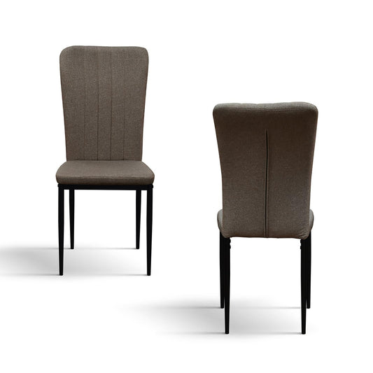 set di 6 sedie amsterdam in tessuto marrone e gambe in metallo nero, dettaglio della struttura in legno, metallo o plastica