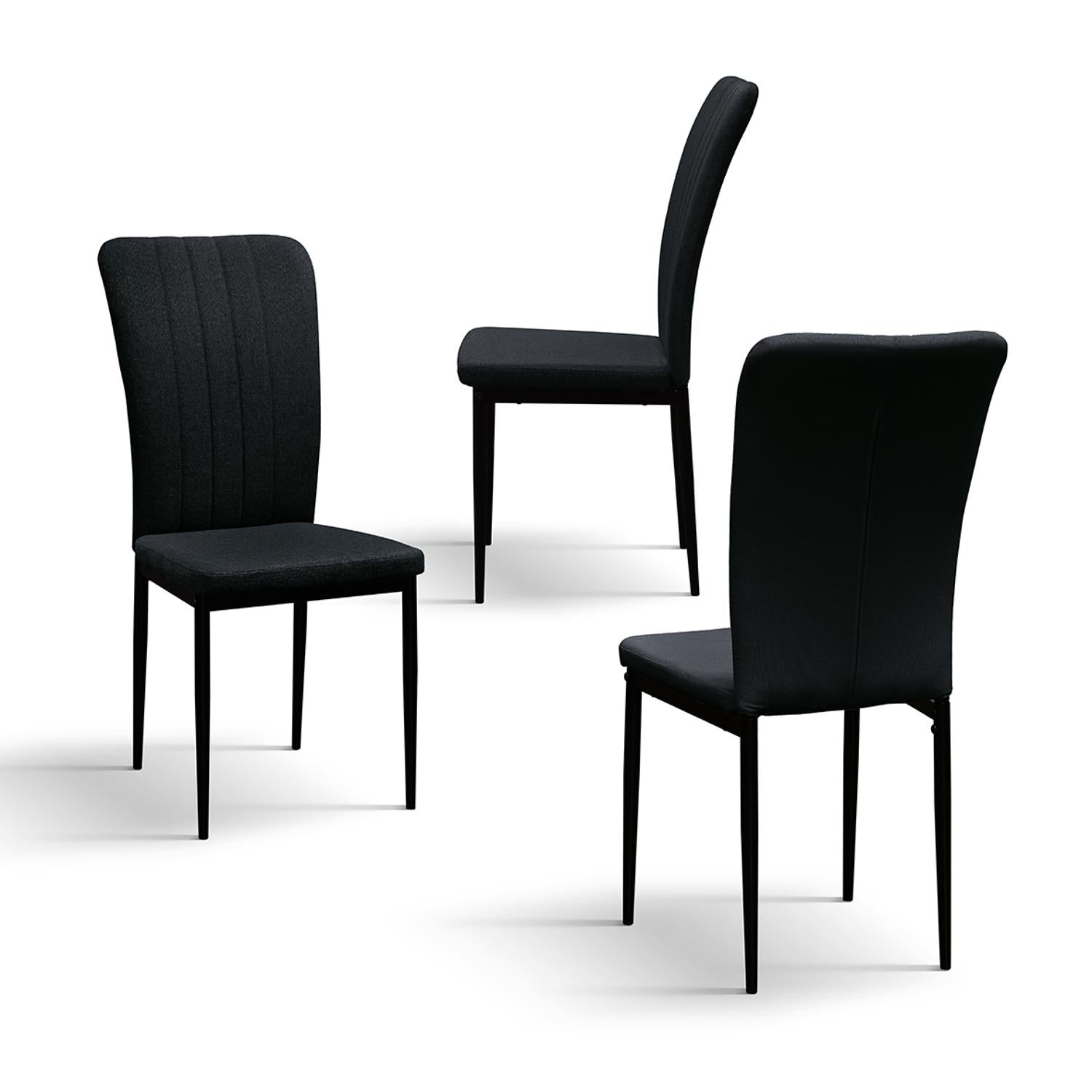 set di 6 sedie amsterdam in tessuto nero e gambe in metallo nero, vista ambientata attorno a un tavolo da pranzo