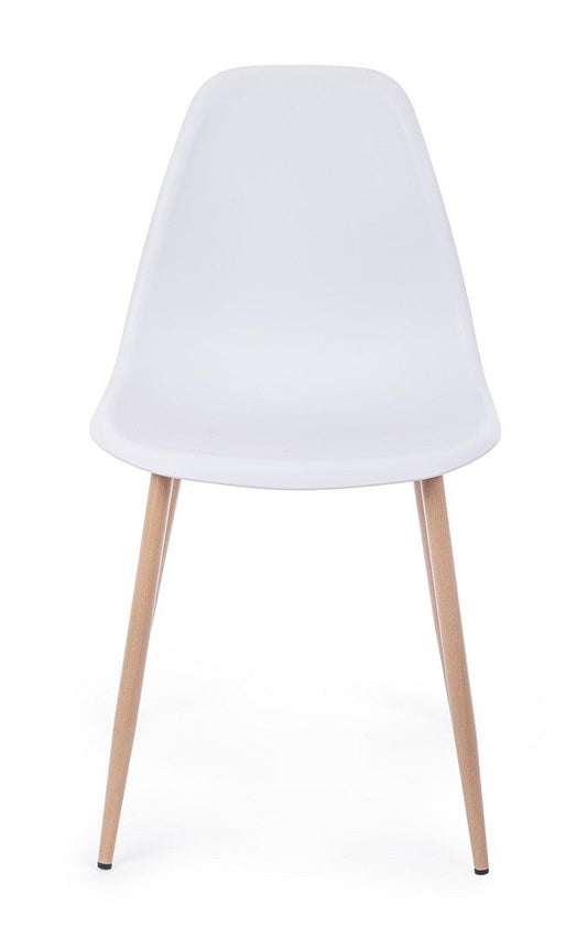 set di 4 sedie mandy in polipropilene bianco, dettaglio della struttura in legno, metallo o plastica