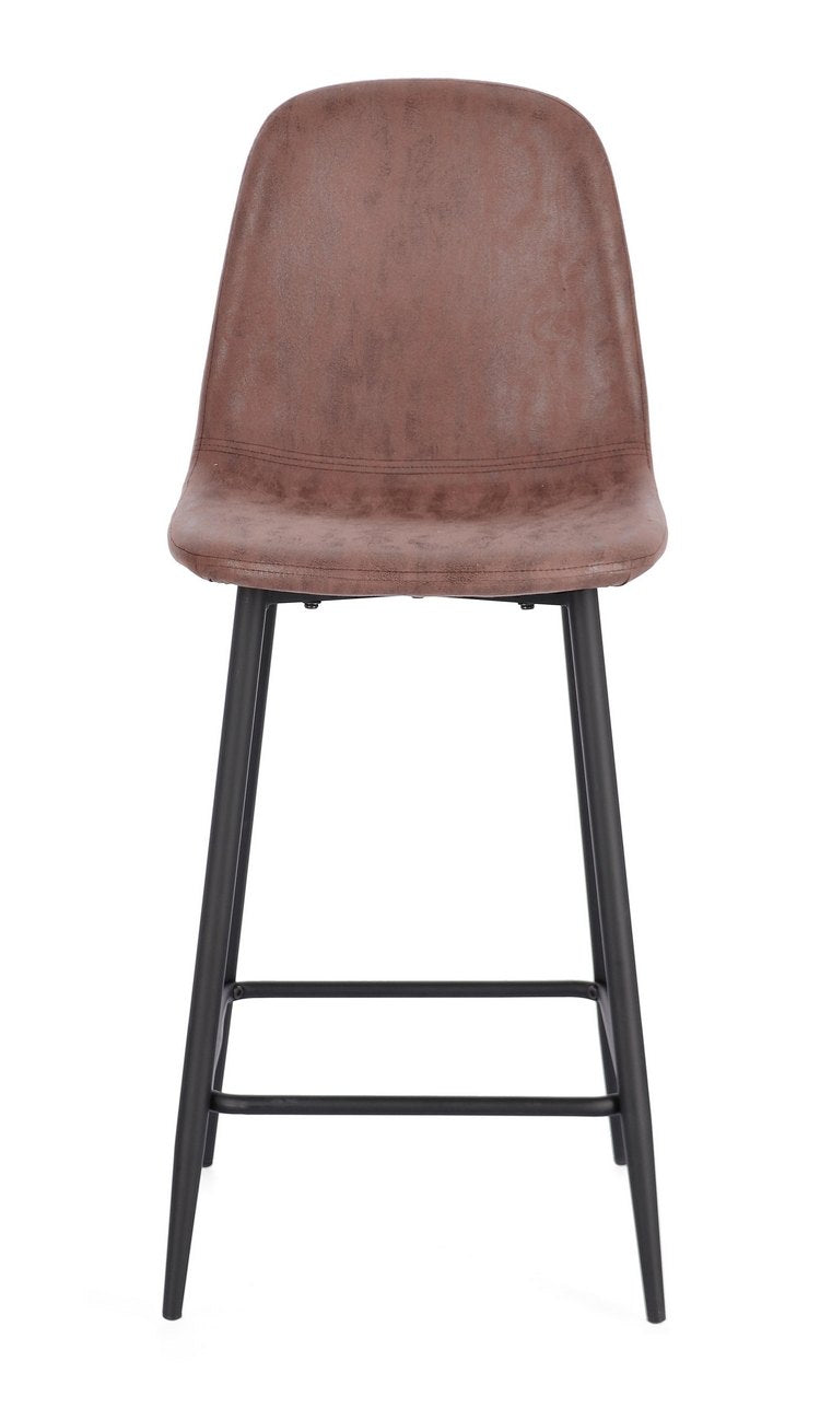 set di 2 sgabelli irelia in similpelle cognac e gambe in acciaio nere, dettaglio della seduta imbottita o in legno