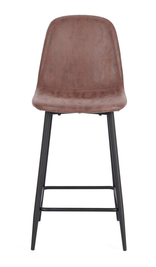 set di 2 sgabelli irelia in similpelle cognac e gambe in acciaio nere, dettaglio della seduta imbottita o in legno