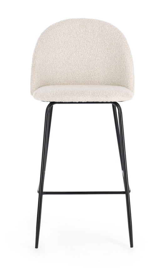 set di 2 sgabelli carry in tessuto avorio bouclé e gambe acciaio nero, dettaglio della seduta imbottita o in legno