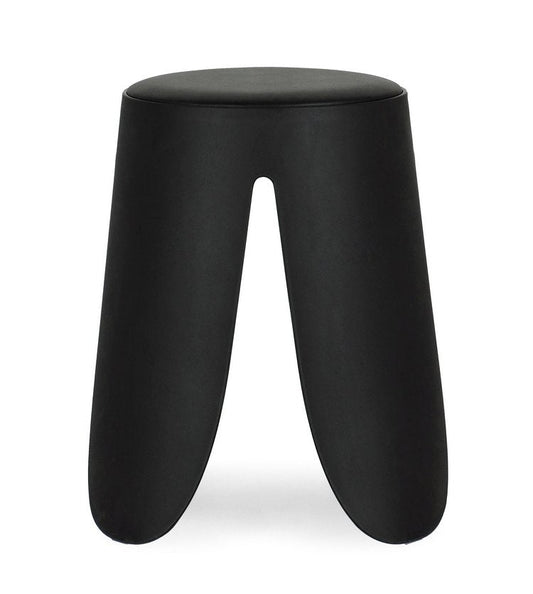 set di 2 sgabelli imogen in polipropilene nero e cuscino in similpelle nero, dettaglio della seduta imbottita o in legno