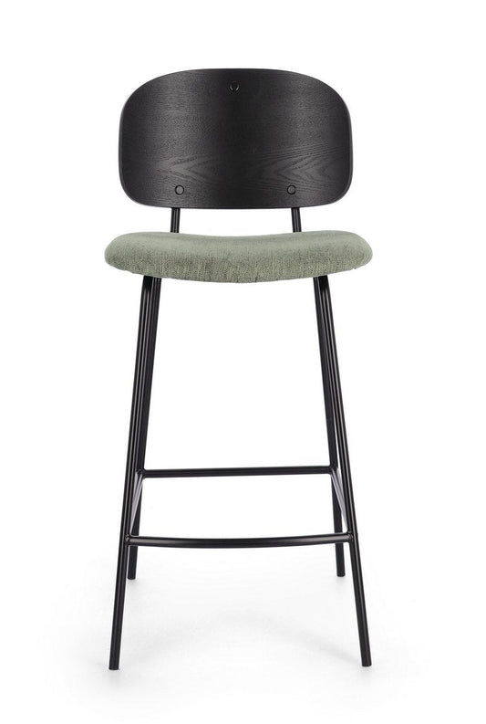 set di 2 sgabelli sienna in tessuto verde e legno di pioppo nero, dettaglio della seduta imbottita o in legno