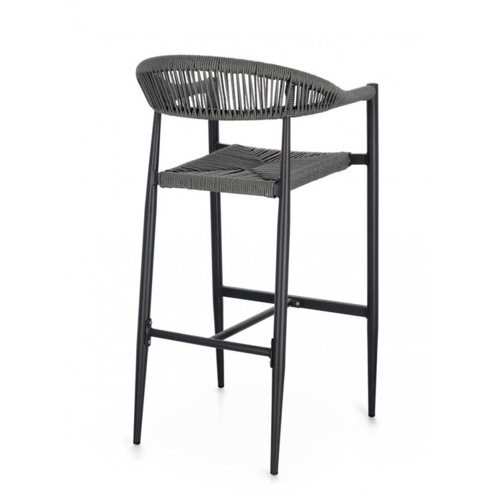 set di 4 sgabelli jandia in alluminio antracite e fibre intrecciate grigie, impilabili, dettaglio della struttura resistente...