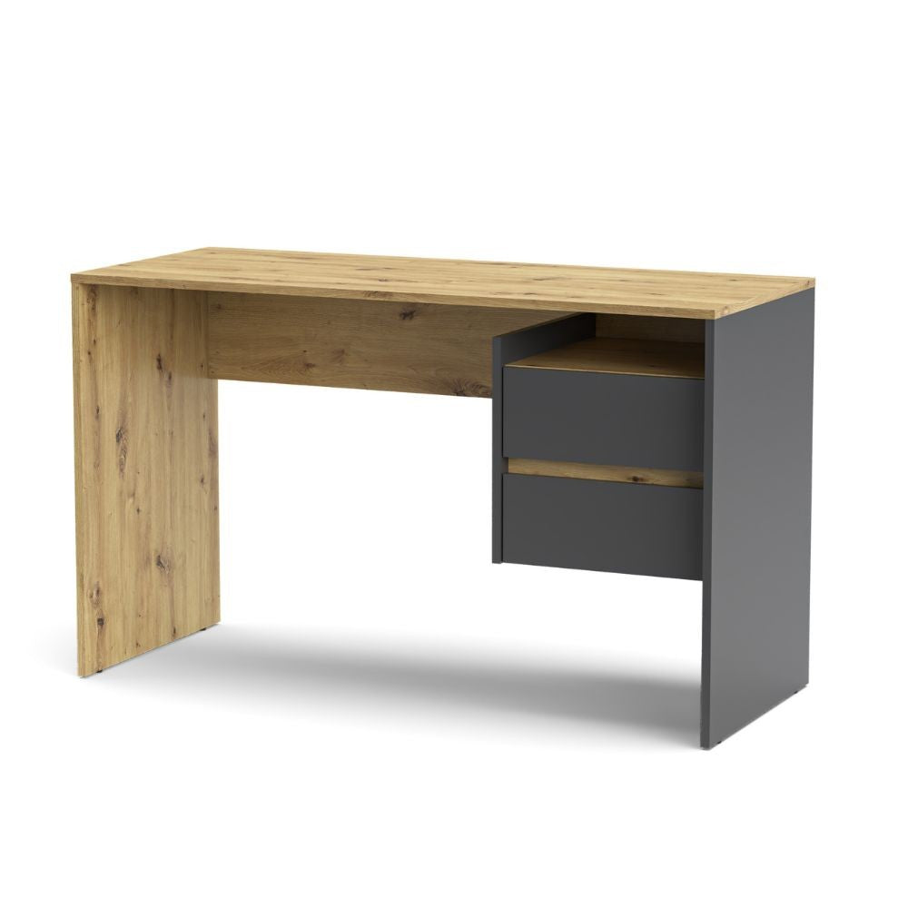 scrivania paco3 con due cassetti colore rovere e antracite, vista ambientata in home office o cameretta