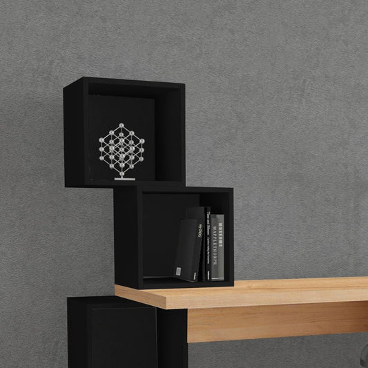 scrivania balance con piano rovere e ripiani cubotti nero, dettaglio delle gambe, cassetti e finiture di design