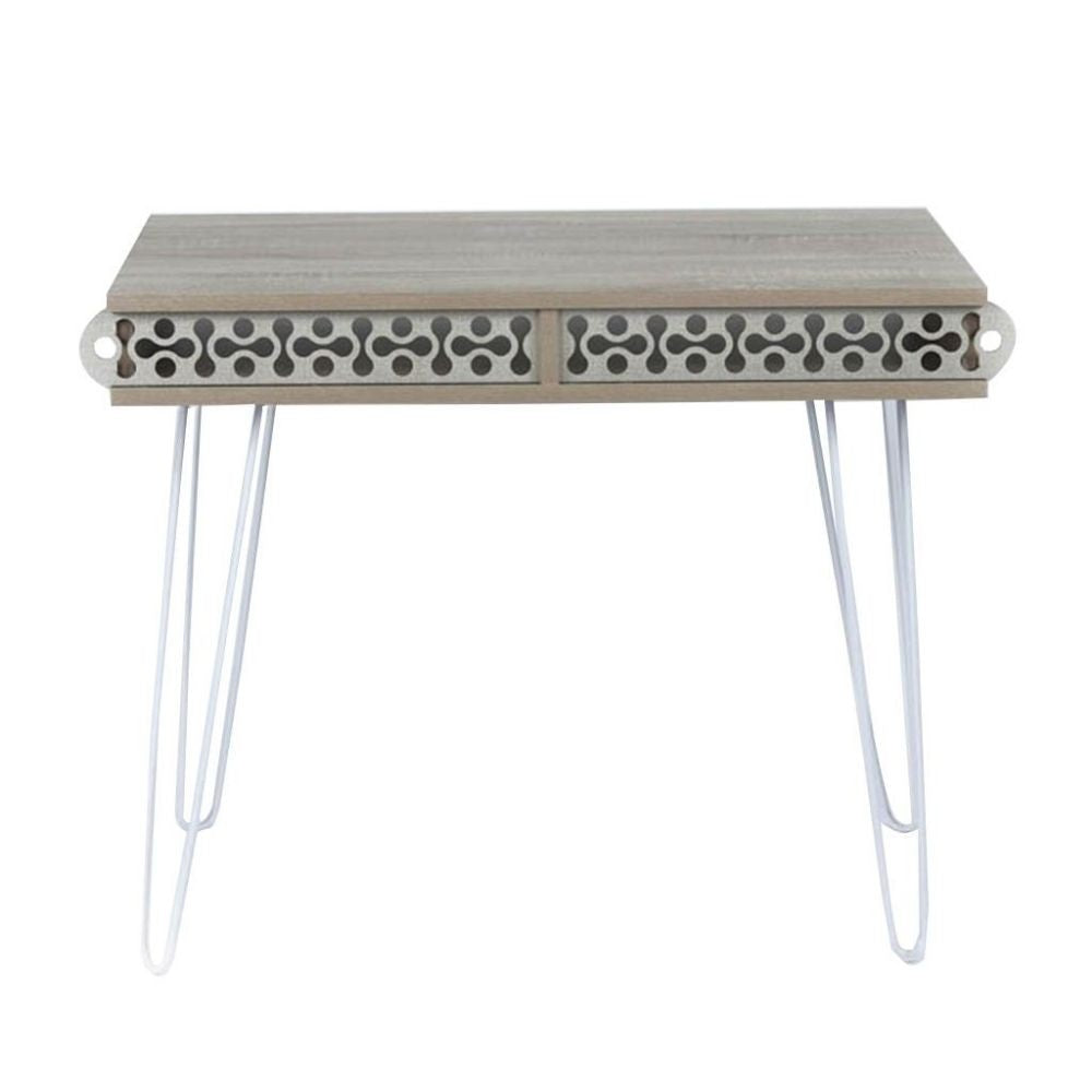 scrivania illia piedi in metallo bianco e piano rovere 96x51x75 hmt190642, dettaglio delle gambe, cassetti e finiture di design