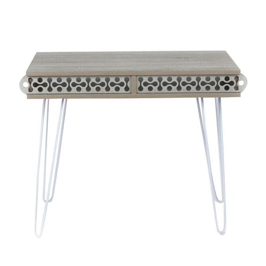 scrivania illia piedi in metallo bianco e piano rovere 96x51x75 hmt190642, dettaglio delle gambe, cassetti e finiture di design