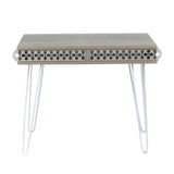 scrivania illia piedi in metallo bianco e piano rovere 96x51x75 hmt190642, dettaglio delle gambe, cassetti e finiture di design