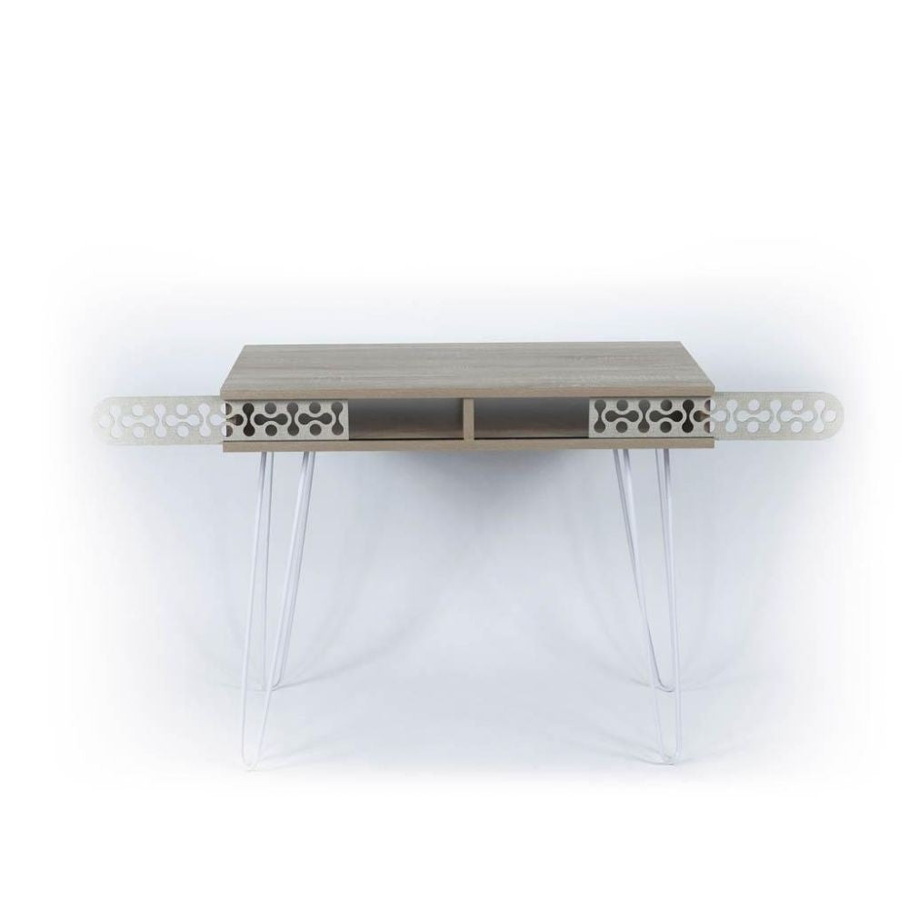 scrivania illia piedi in metallo bianco e piano rovere 96x51x75 hmt190642, vista ambientata in home office o cameretta