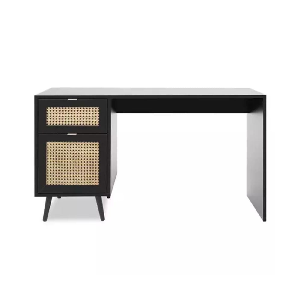 scrivania vienna30a nera con frontali effetto vimini, dettaglio delle gambe, cassetti e finiture di design