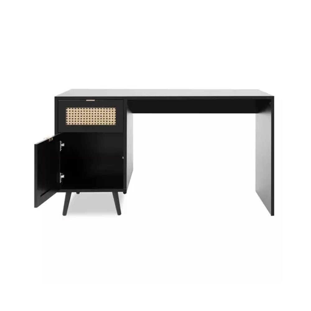 scrivania vienna30a nera con frontali effetto vimini, vista ambientata in home office o cameretta