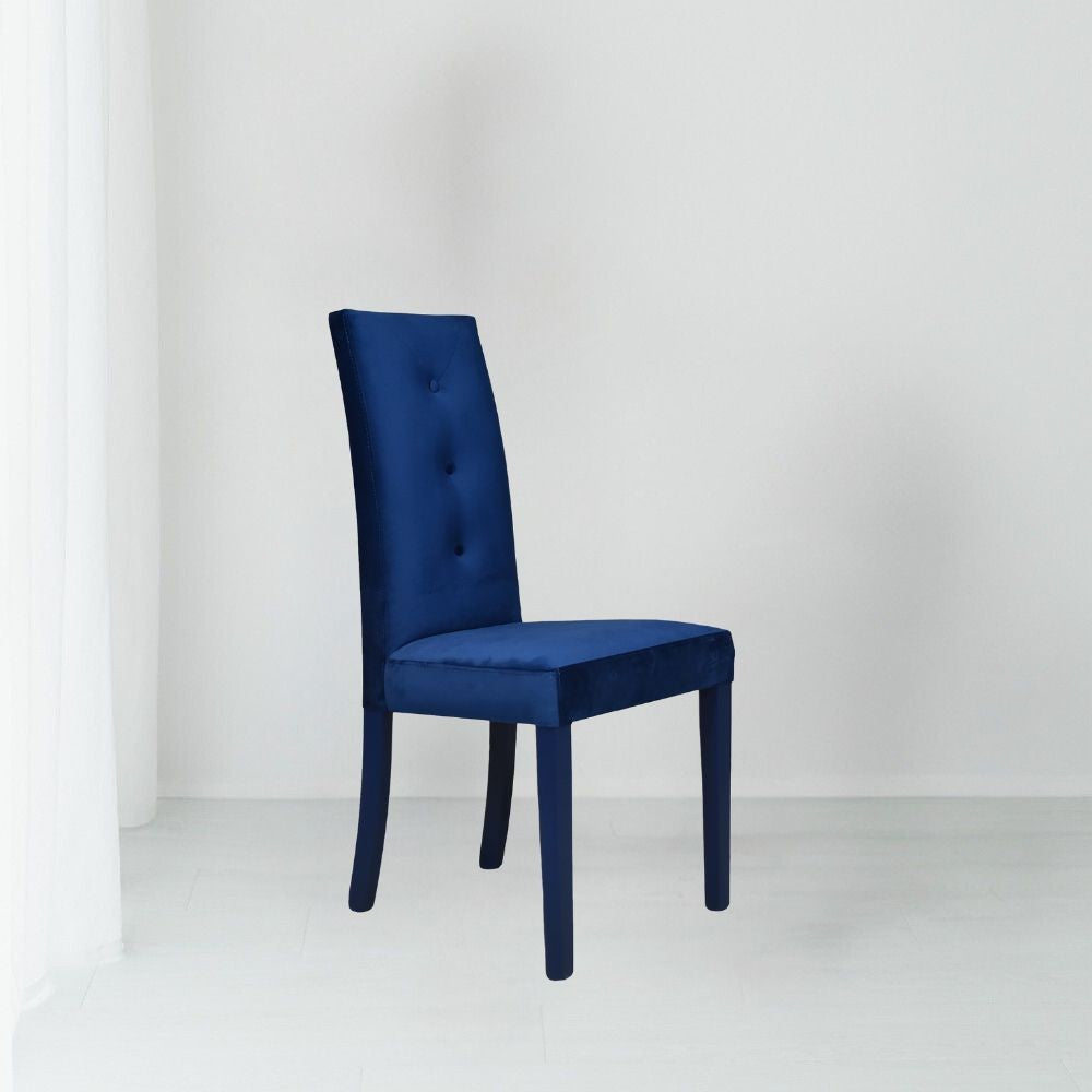sedia montecarlo 3 bottoni in velluto blu e struttura in tinta, sedia imbottita con rivestimento in tessuto o velluto