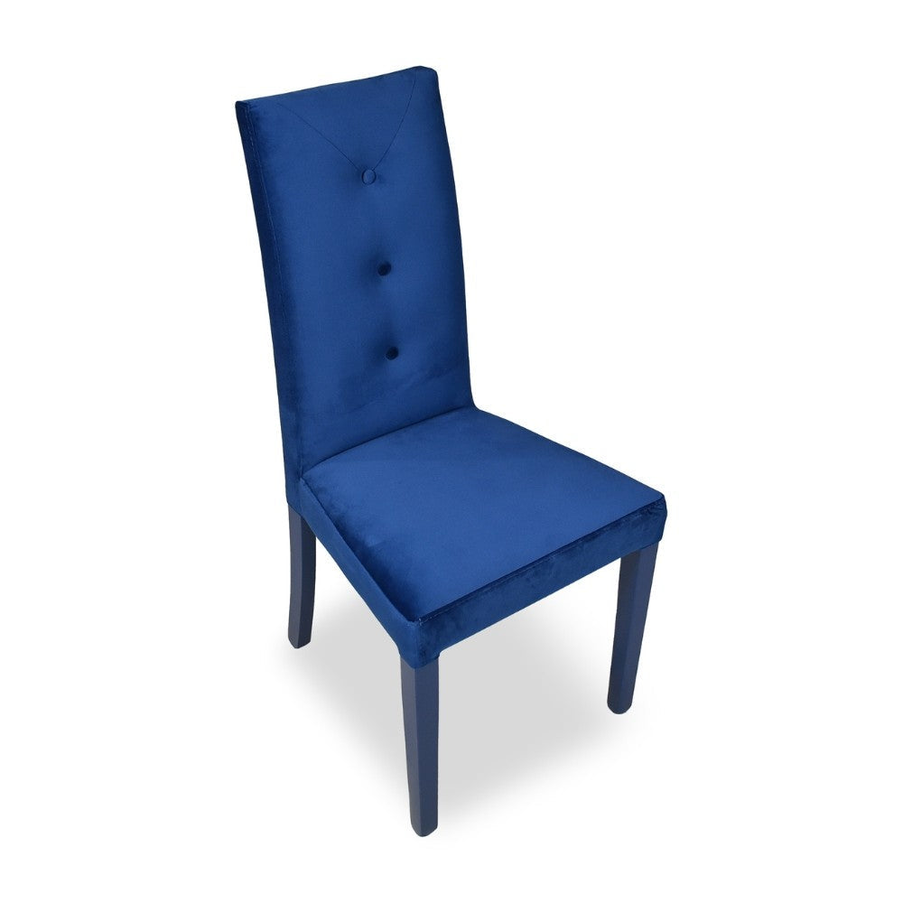 sedia montecarlo 3 bottoni in velluto blu e struttura in tinta, vista ambientata in soggiorno o sala da pranzo