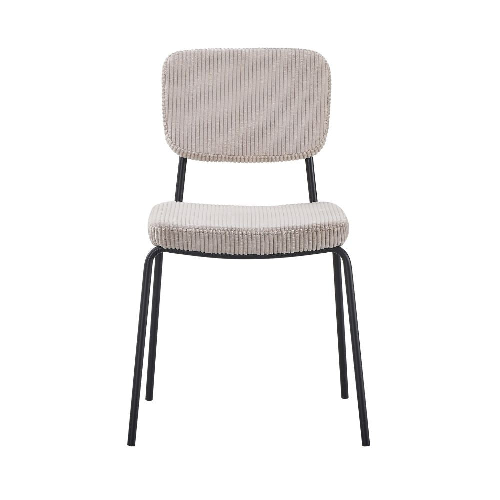 sedia juno in tessuto colore taupe e struttura in metallo nero, vista ambientata in soggiorno o sala da pranzo