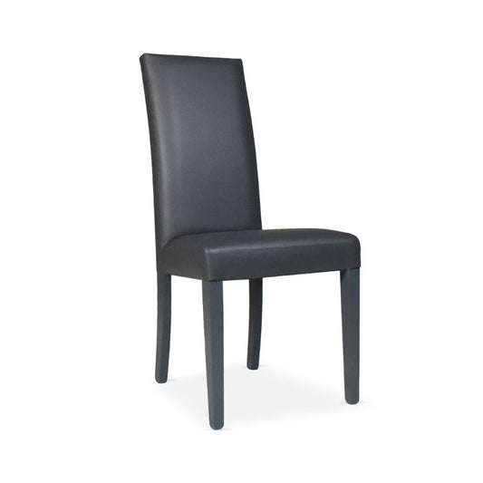 sedia nancy in ecopelle piombo con gambe in tinta, dettaglio dell’imbottitura morbida e confortevole