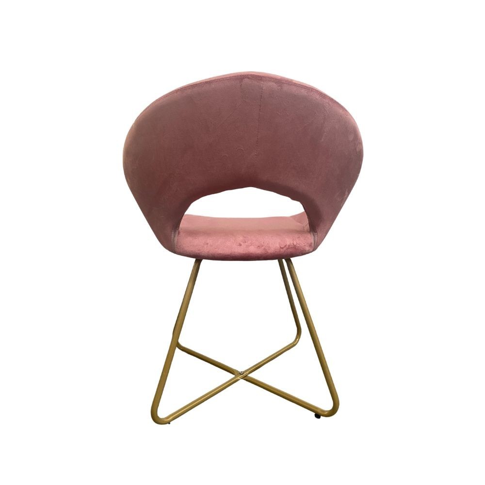 poltroncina etere in velluto rosa con gambe in metallo dorato, design accogliente ideale per sedute prolungate