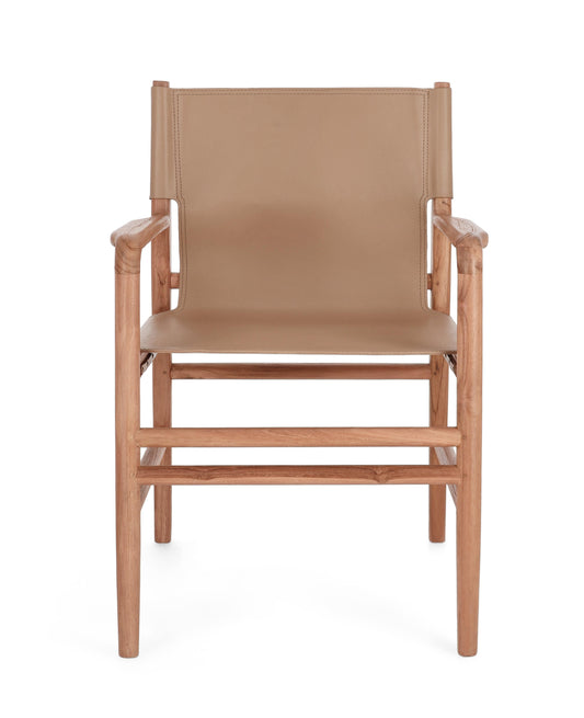 poltroncina caroline in legno di teak e vera pelle tortora, dettaglio dei braccioli imbottiti o in legno