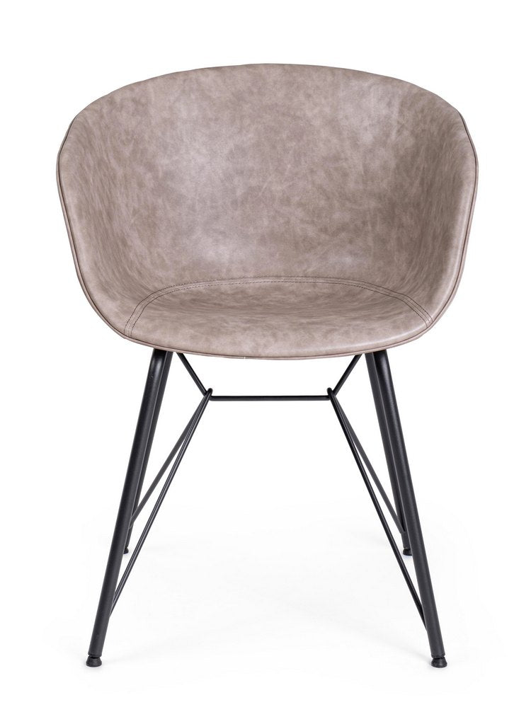 set di 2 poltroncine warhol in similpelle beige e gambe in acciaio nero, con braccioli, dettaglio dei braccioli imbottiti o...