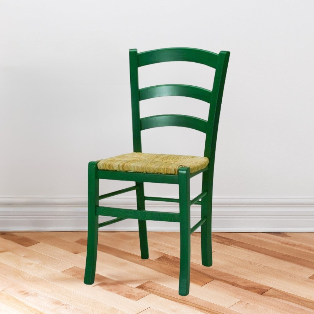 sedia venezia colore anilina verde scuro in legno di faggio con seduta in paglia, sedia classica in legno massello per cucina o sala