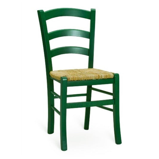 sedia venezia colore anilina verde scuro in legno di faggio con seduta in paglia, dettaglio della lavorazione naturale del legno